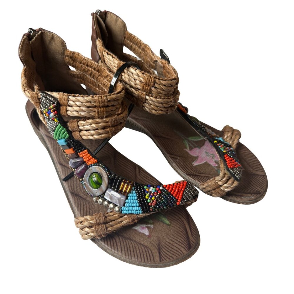 Boho Beaded Rope Gladiator Flat Sandals Tribal Multicolour Beaded T-Strap EU 38